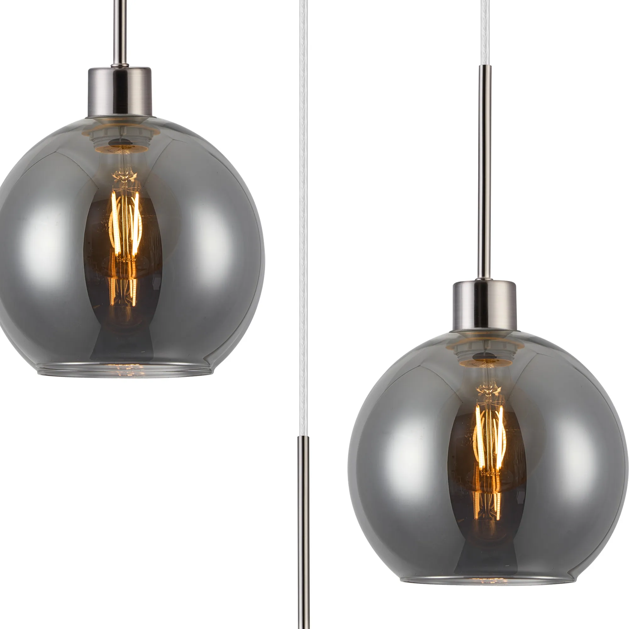 Lori 40cm Round Pendant, 3 Light Adjustable E27, Satin Nickel/Smoke Open Mouth Round Globe Shades DK1367  Deco Lori Satin Nickel